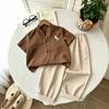 Boys 2-Piece Outfit Set: Short Sleeve Collared Shirt With Vertical Texture Casual Long Pants Ages 3-8