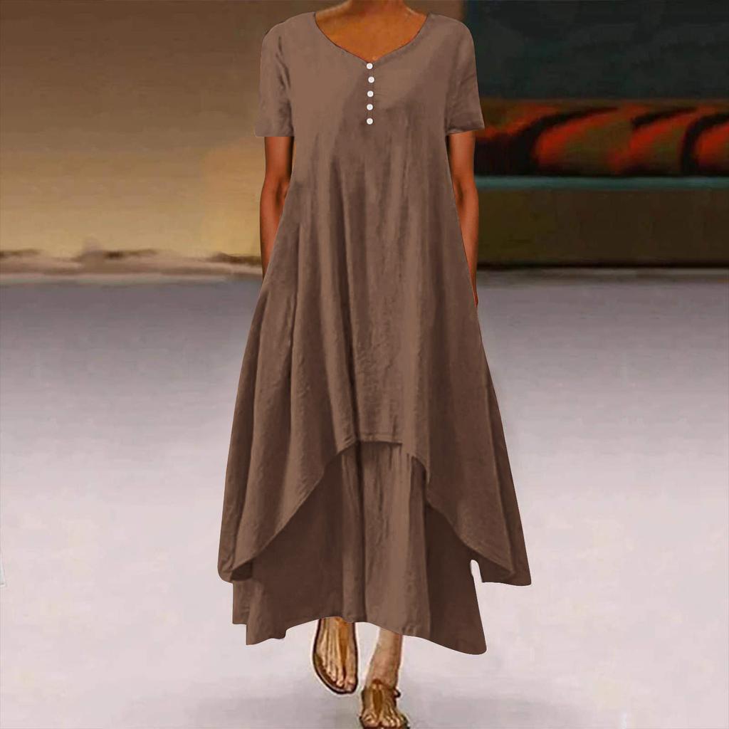 Women's Fashion Boho Solid Color Short Sleeve Loose Casual Irregular Dress