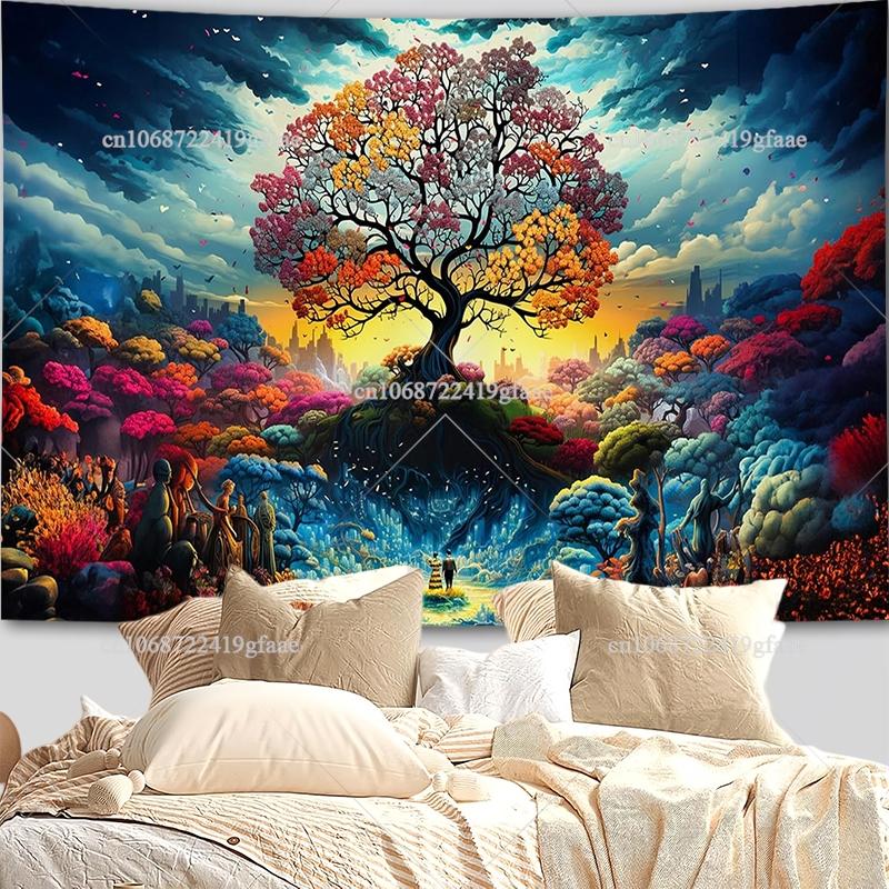 Lebensbaum Wandbehang Wandteppich Buntglas Dschungel-Wandteppiche Landschafts-Wandteppiche Schlafzimmer Dekoration Ästhetische Hintergrundtücher