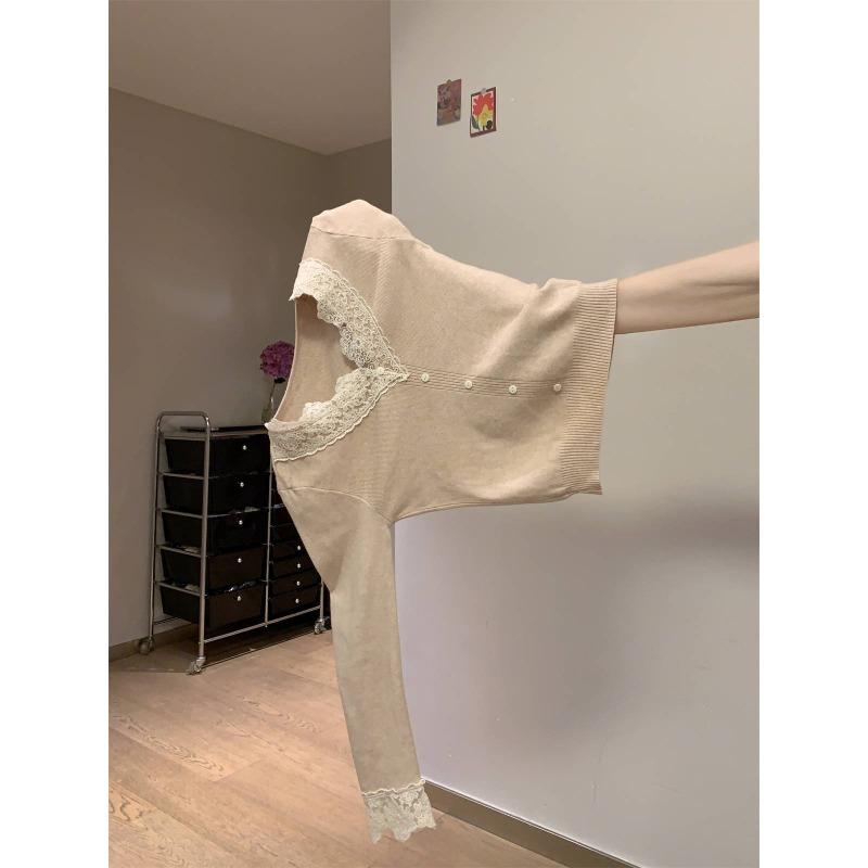 Spring lace v-neck knitted bottoming shirt women's slim and thin inner top soft waxy age-reducing sweater