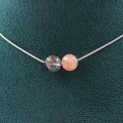 Stones and Minerals. Necklace 2 Beads Quartz Hematoide from Madagascar 8 Mm Steel Chain Necklace for Women, Men. Custom Size