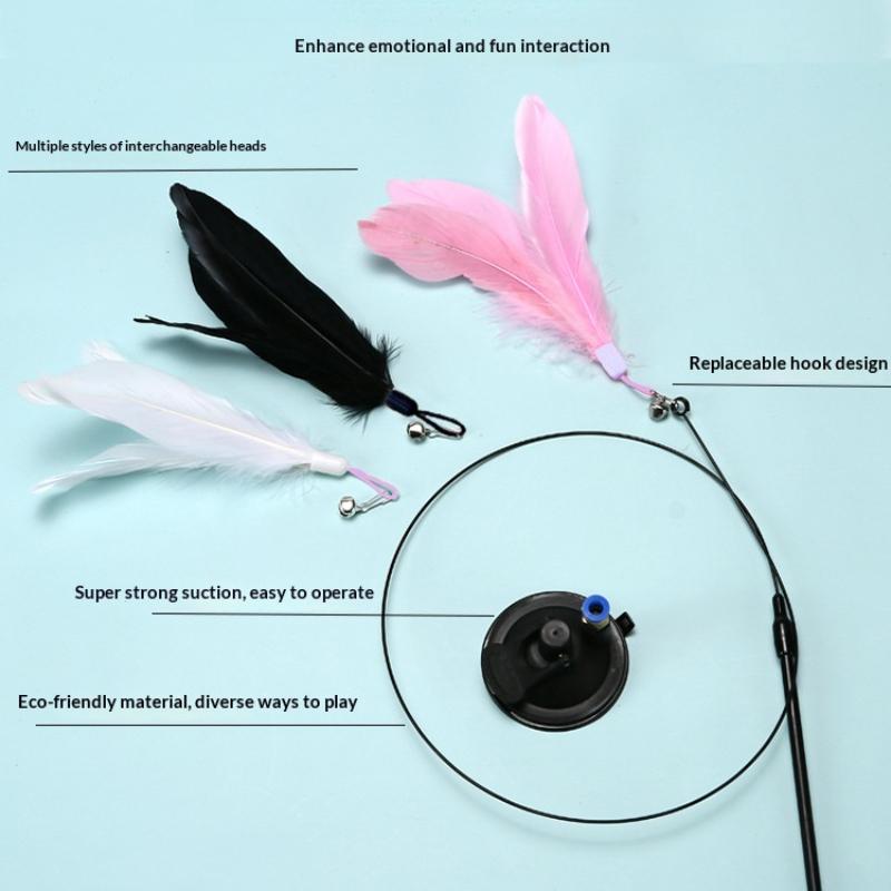 Interactive Cat Feather Wand Toy Suction Cup Hands-Free Cat Teaser Toy With Replaceable Feathers For Kitten Play