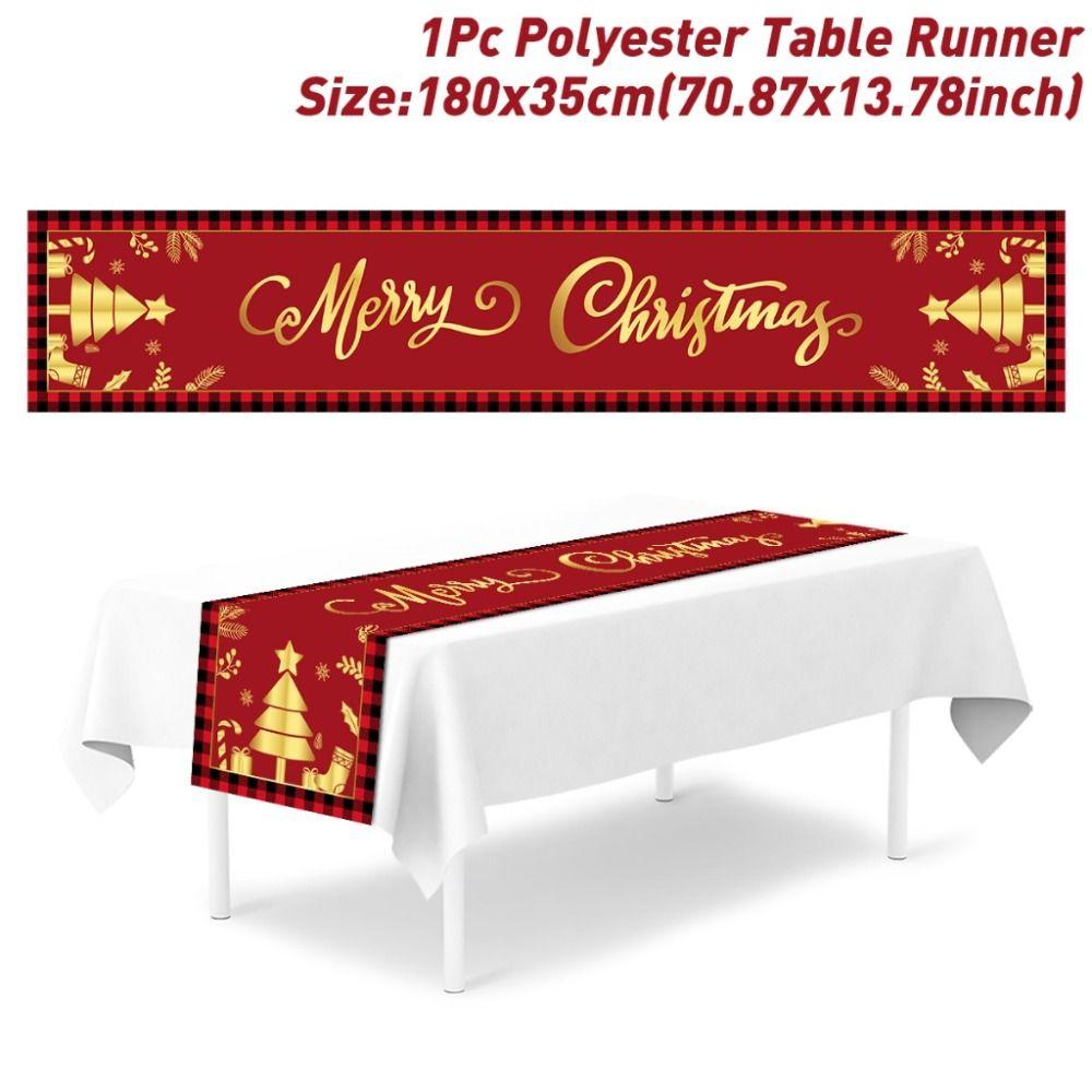 33*183cm Size Christmas Table Runner Polka Dot Cartoon Reindeer Xmas Decorations Reusable Red Linen Dining Table Decoration