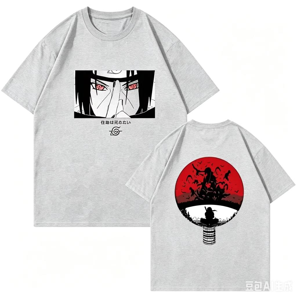 2026 Summer Naruto Uchiha Itachi Vintage Oversized Anime Streetwear Double Sided Print Women And Men T-shirt