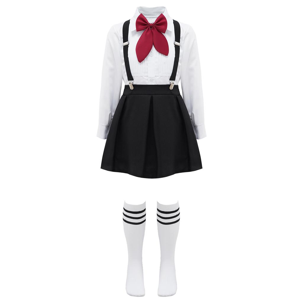 Girls Preppy Style Turndown Collar Bow Top Long or Short Sleeve Button Down with Elastic Waistband Overalls Skirt and Socks Outfit