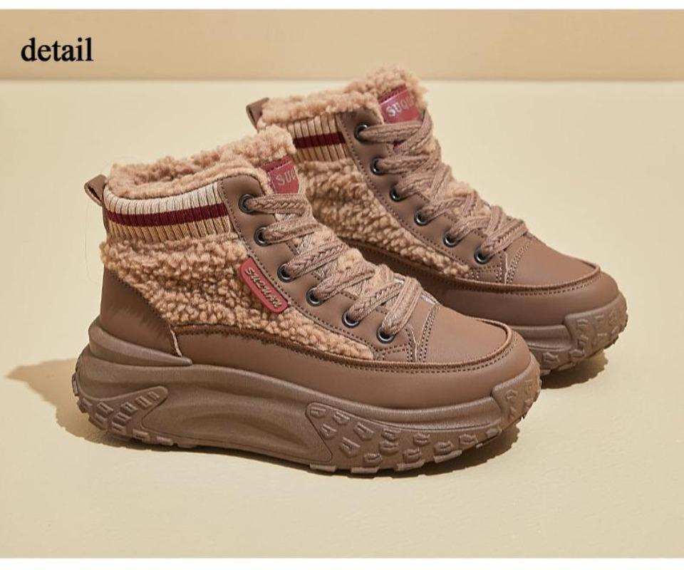 Women Winter Warm Faux Fur Lined Chunky Platform Lace Up Anti Slip PU Leather Ankle Snow Booties