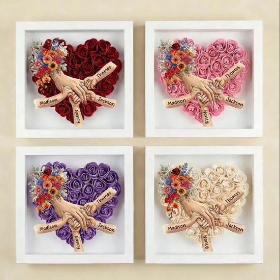 Personalized Mommy Holding Hands Shadow Box with Ring And Manicure Custom Names Floral Heart