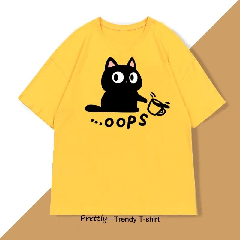 Funny Summer Meow Black Cat Print Women T Shirt Casual O-neck Tshirt Short Sleeve T-shirt Female Tees Women Clothing