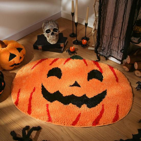 Halloween Welcome Doormat Half Circle Spider-Web Bat Skull Pumpkin Shape Floor Mat Non-Slip Entrance Mat for Front Door Porch Home Decoration