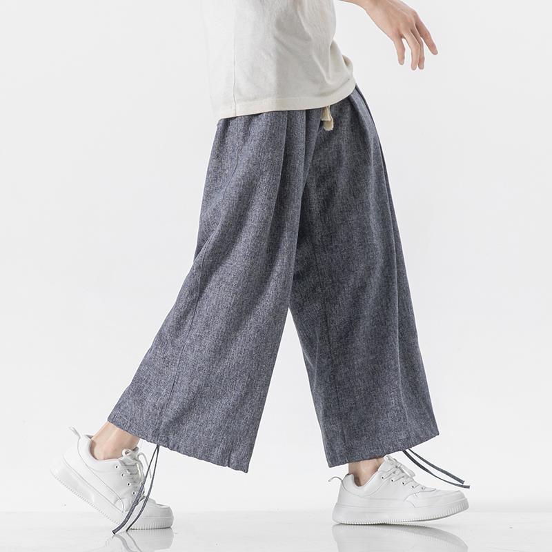 Men's summer light and large size cotton and linen straight wide-leg pants men's trend nine-point casual pants