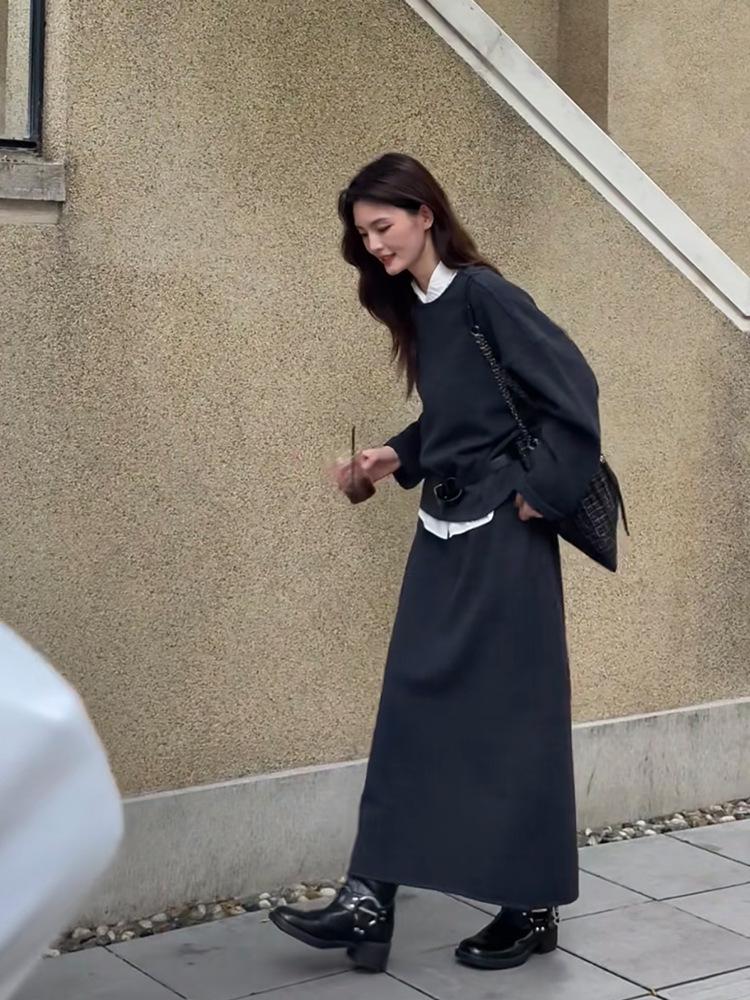 Wen Jiu A-Line Long Skirt: Slanted Cut Wool, Solid Color, Winter Elastic Waist, Slimming Half Skirt