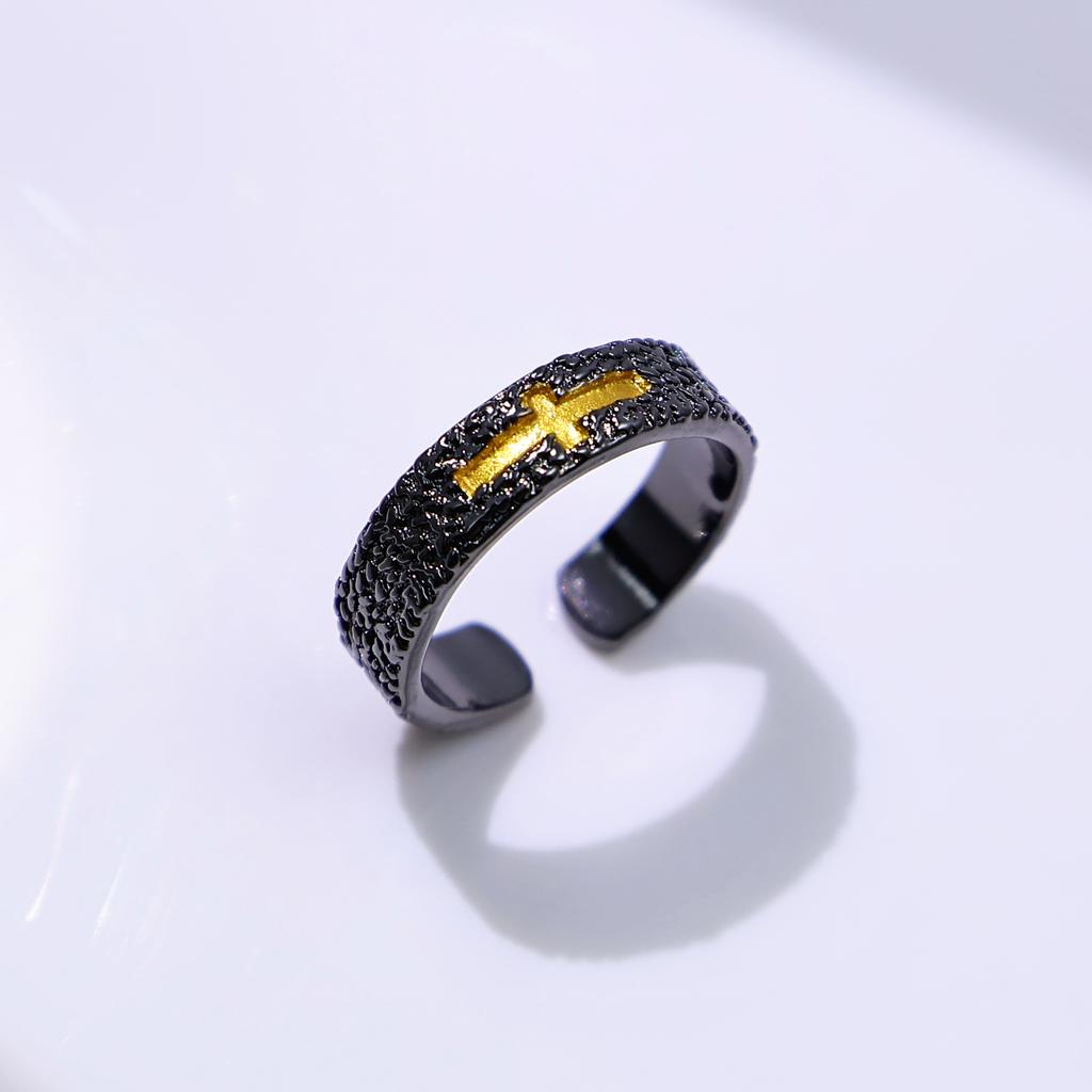 Retro Golden Cross Adjustable Open Ring For Men Silver-plated Copper Punk Edgy Niche Jewelry Christian Accessories Unisex Gift