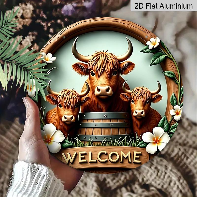 2D Flat Highland Cow Home Welcome Doorplates, Aluminum Decorative Signs and Plaques In Various Sizes. Floral Design Hanging Door Decorations