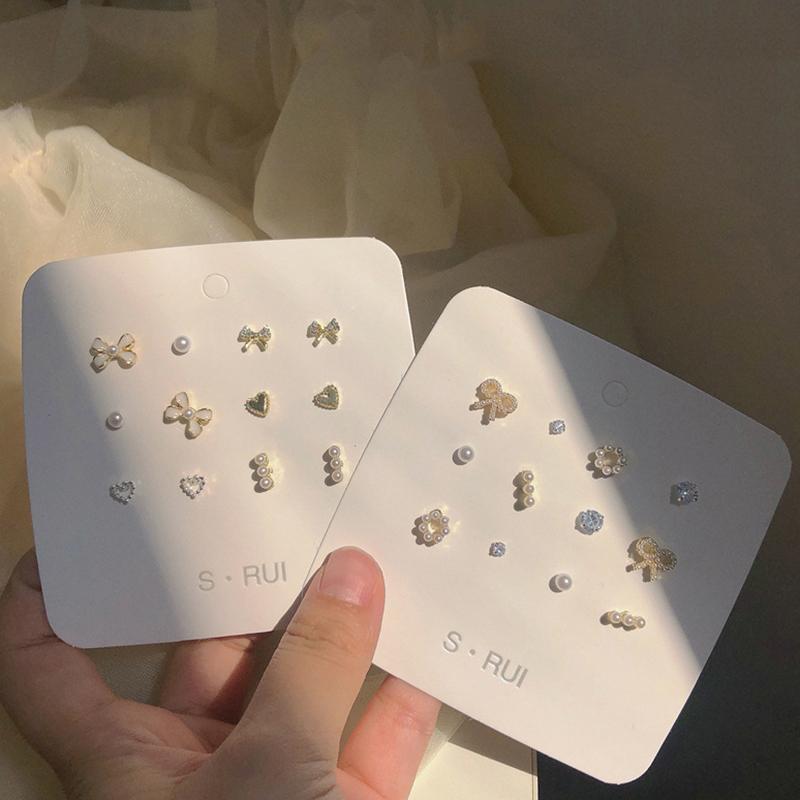 6Pair/Set Design Sense Mini Pearl Butterfly Diamond Earrings Sets Gentle Exquisite Jewelry Earrings Ear Decoration