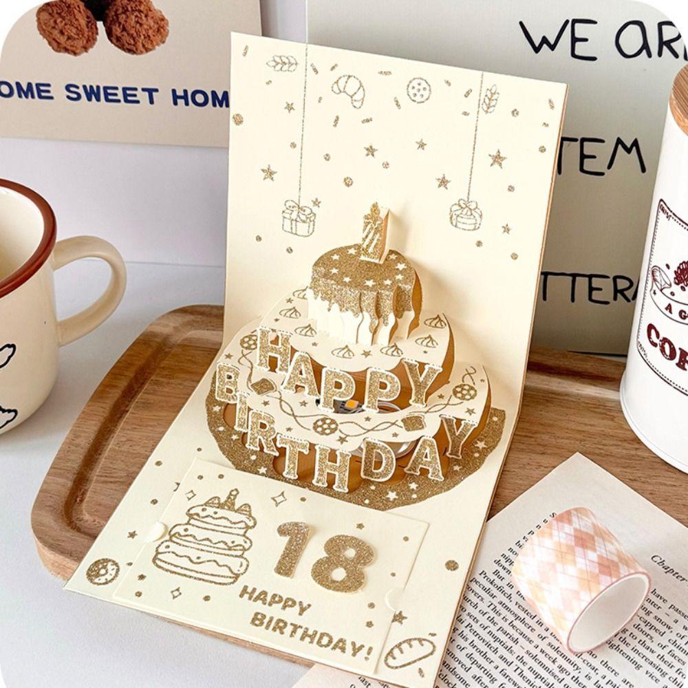 3D Happy Birthday Card Four-Layer Birthday Cake with Automatic Music Lighting Musical Light Greeting Card Pop Up with Envelope