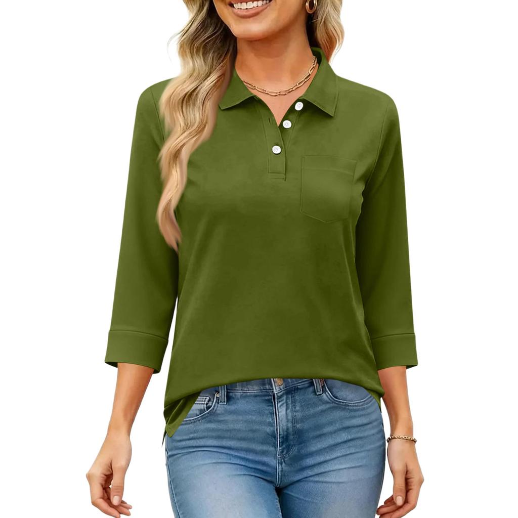 Damen Mode Lässig Revers Kurz 3/4 Ärmel Farbe Hemd Damen Knopfleiste Oberteile