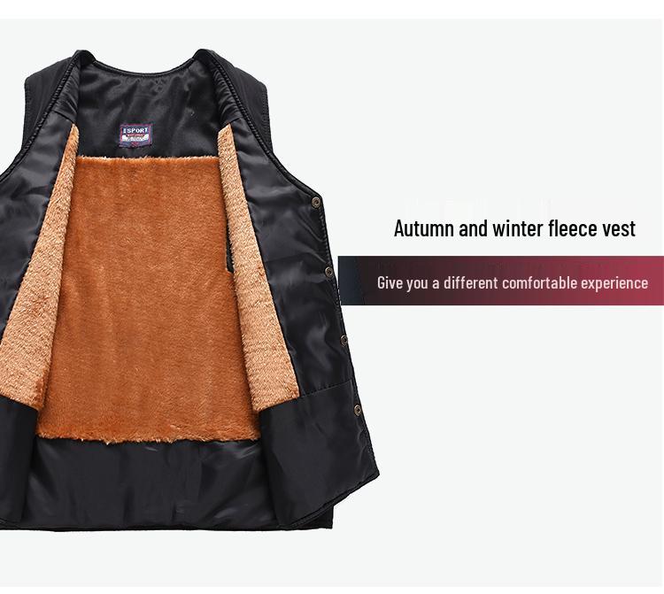 Men's Autumn/Winter Fleece-Lined Multi-Pocket Sleeveless Vest - Warm Cotton Waistcoat for Middle-Aged & Elderly