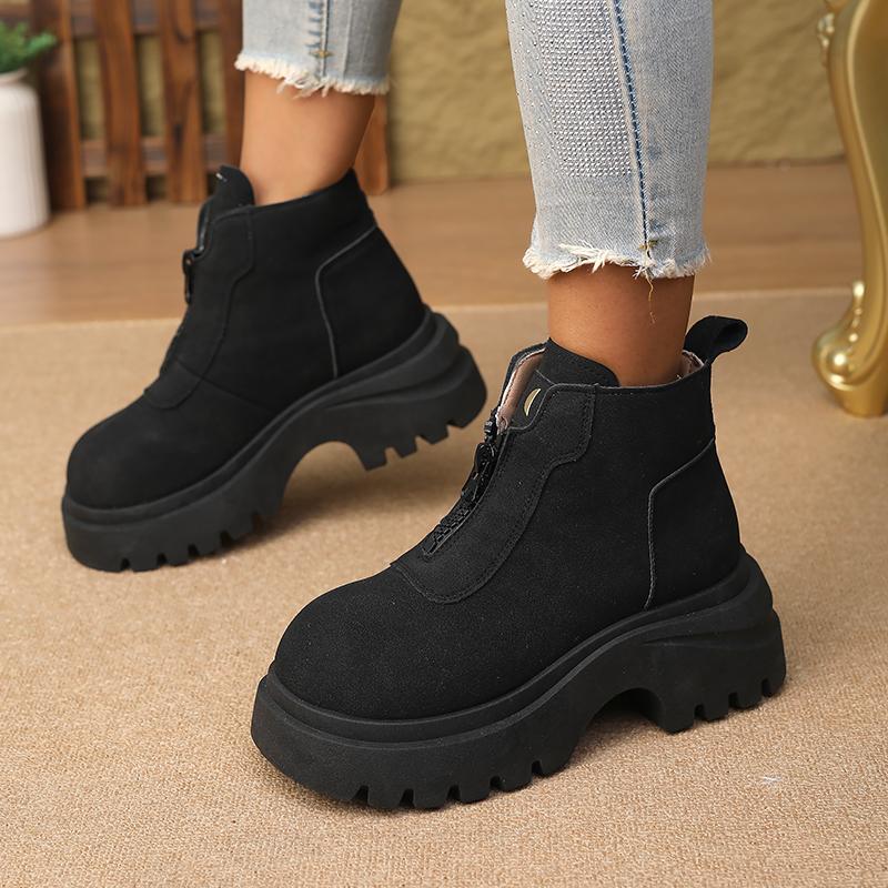 Black Slimming Lace-up  Boots for WomenNew Spring and Autumn British Style Height-Increasing Chunky Heel Low-Cut Boots