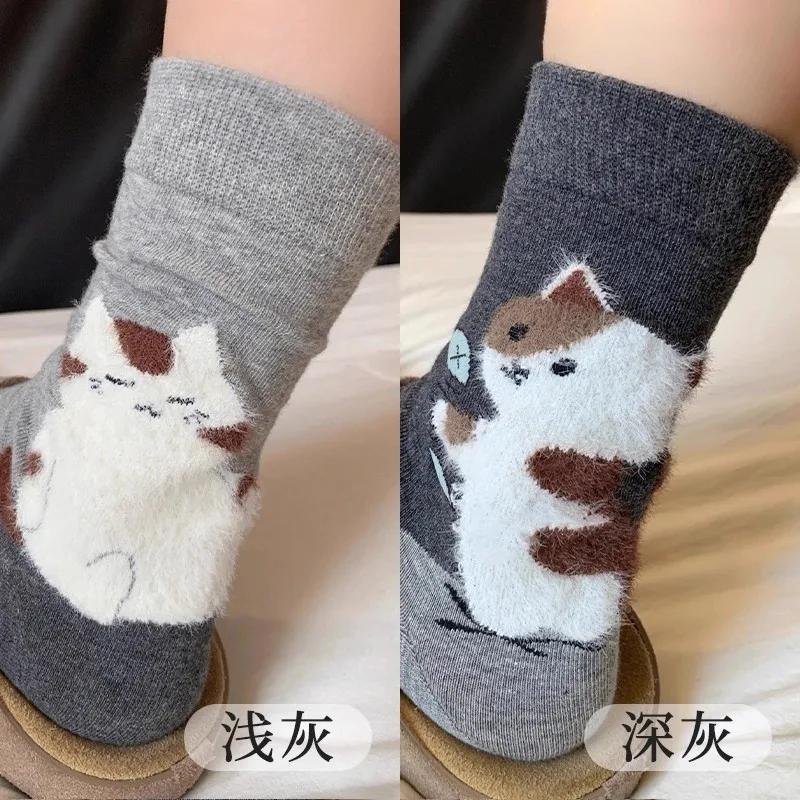Autumn Vintage White Kawaii Socks Women Cute Cartoon Cat Pattern Middle Tube Socks Japanese Soft Cotton Winter Warm Floor Sock