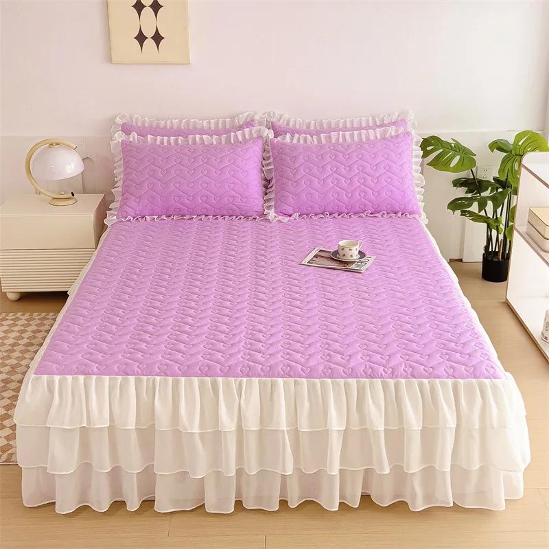 Volan de pat din dantelă cu model în formă de inimă, de înaltă calitate, matlasat, cu tiv inferior din șifon, cuvertură de pat, moale, confortabil, cearșafuri de pat antiderapante, lenjerie de pat