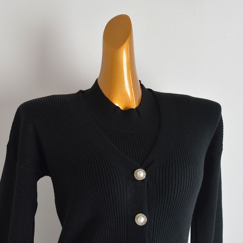 French Simplicity New Arrival V-neck Double-Breasted Knitting Cardigan Vest Dress Women's Spring Summer Slim-Fit Slimming Two-Piece Set