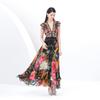Summer Women Deep V-neck Flying Sleeve Vintage Print Holiday Beach Long Maxi Dresses