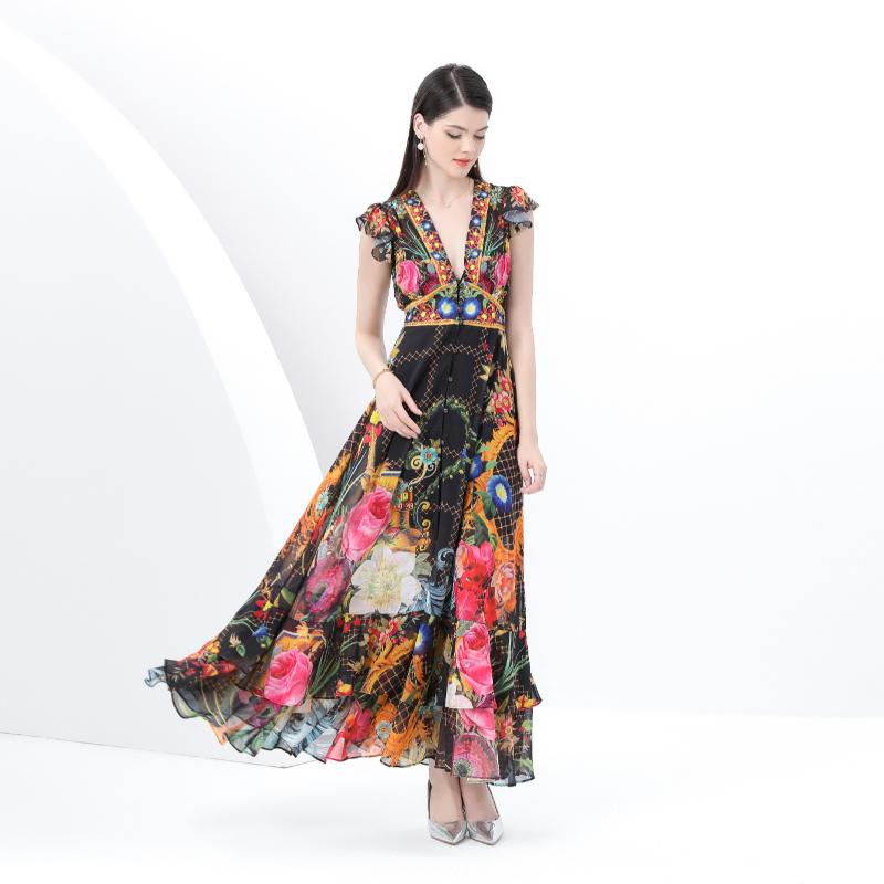 Summer Women Deep V-neck Flying Sleeve Vintage Print Holiday Beach Long Maxi Dresses
