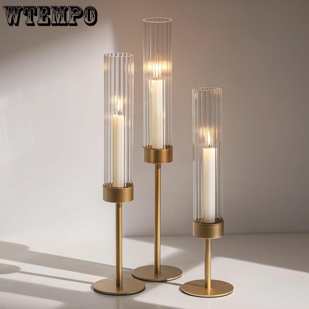 3pcs Golden Hurricane Taper Candle Holders Brass Candlestick Holders with Ribbed Glass Cylinder Cover Fluted Tall Candle Sticks Holder Decor