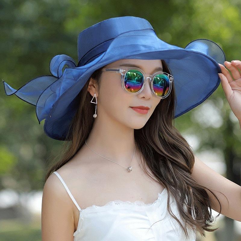Elegant Summer Women's Sun Hat Breathable Organza Material with Woven Floral Decor Fits Head Sizes 56-58cm