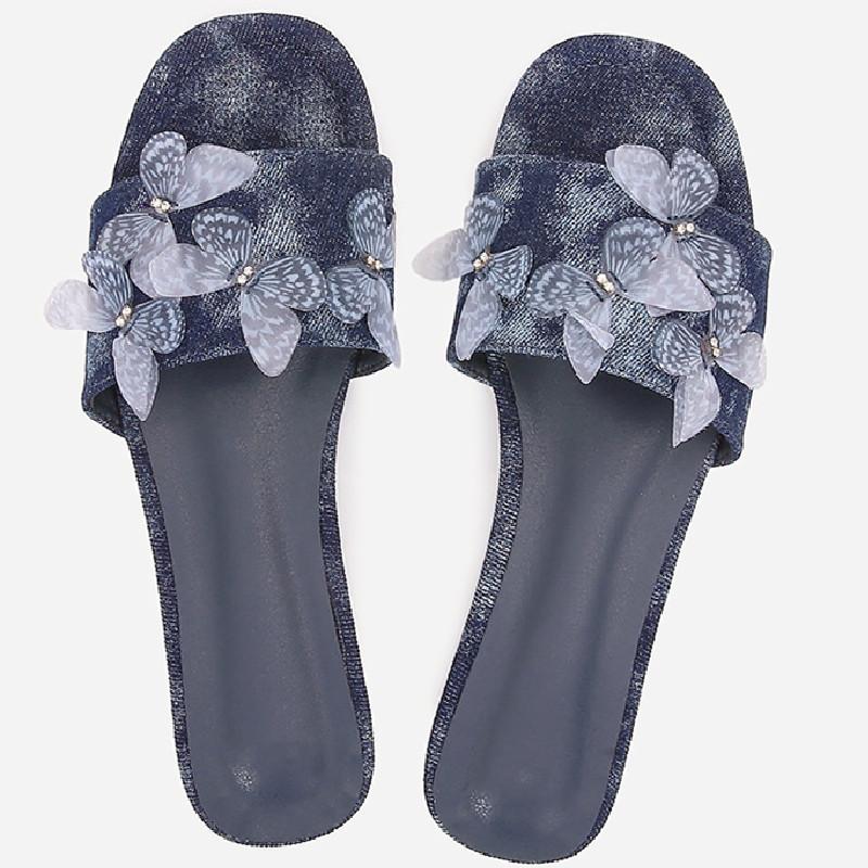 Fashion Denim Butterfly Decoration Flat Sandal Round Toe Open Toe Designer Slippers Summer Fashion Comfortable Big Size Beach Women Shoe