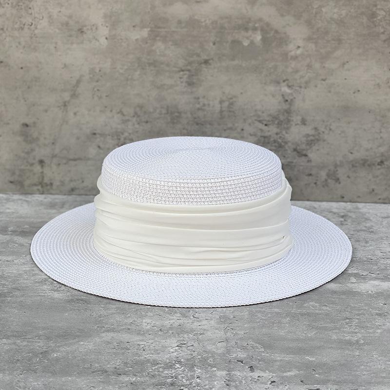 Temperament Promi Flacher Strohhut Japanischer Schlichter Zylinder Damen Sommer Britischer Retro Strandurlaub Sonnenschutz Sonnenhut