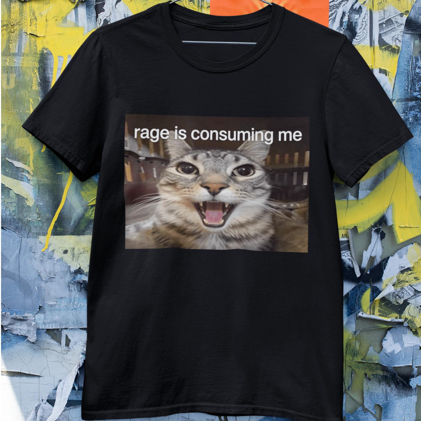 Rage Is Consuming Me Cat Meme T-Shirt Funny Angry Cat Graphic Tee M