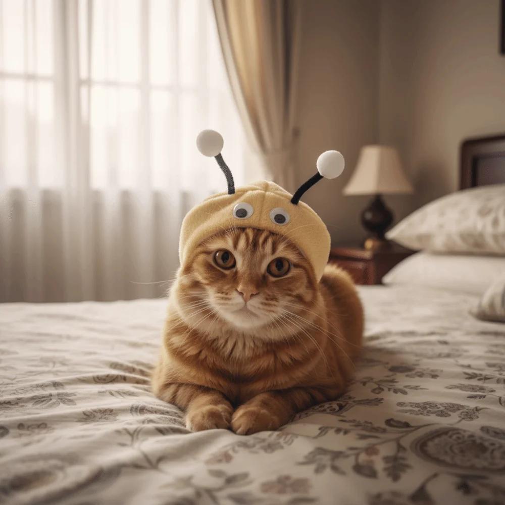 Funny Warm Cat Bee Headdress Plush Cartoon Cat Headwear Adjustable with Active Eyes Pet Cosplay Hat for Puppy Dogs Cats