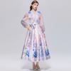 Wunderschönes Blumenwickel-Langarmkleid Damen V-Ausschnitt Laternenärmel Chiffon-Patchwork Dickes Satin-Band-Schnürgürtel Partykleid