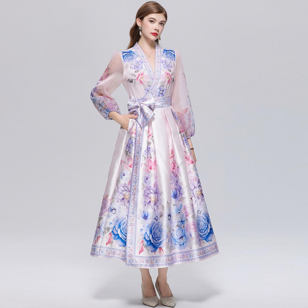 Wunderschönes Blumenwickel-Langarmkleid Damen V-Ausschnitt Laternenärmel Chiffon-Patchwork Dickes Satin-Band-Schnürgürtel Partykleid