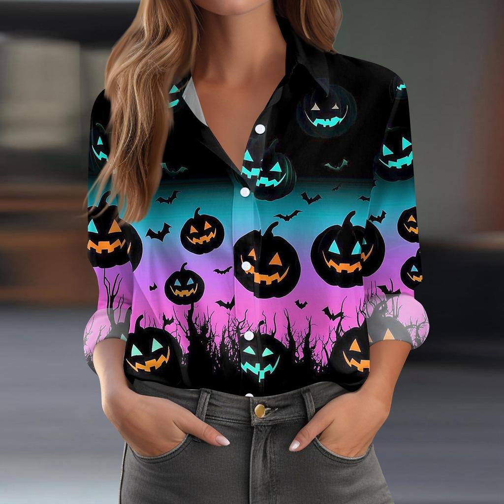 Damen Hemd Bluse Halloween Print Knopf Langarm Lässig Basic Hemdkragen Regulär Top