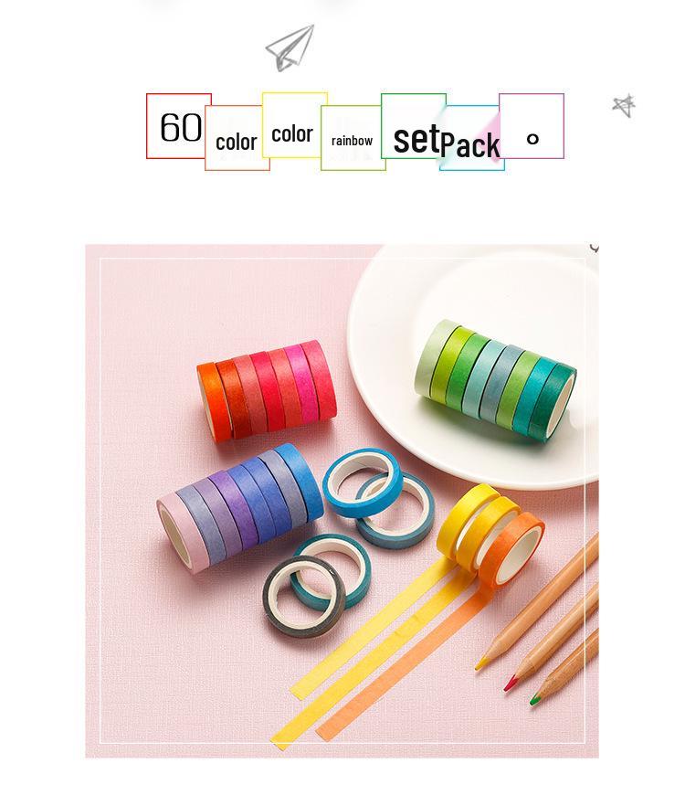 60 Solid Color Rainbow Washi Tape Set for Journaling & Decoration