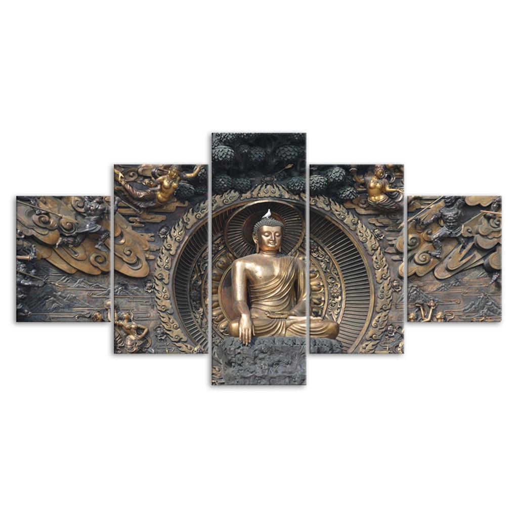 Buddha Statue Sculpture 5 Piece Five Panel Wall Canvas Print Modern Art Poster Picture Home Decor Gift For Him For Her