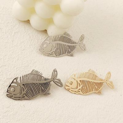 Punk Style Hollow Fish Bone Brooch Plated Corsage Pin Stainless Steel Brooch  Clothes Accessories