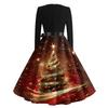 Women's Casual Fashion Long Sleeve Christmas Graphic Printed Vintage Long Dresses