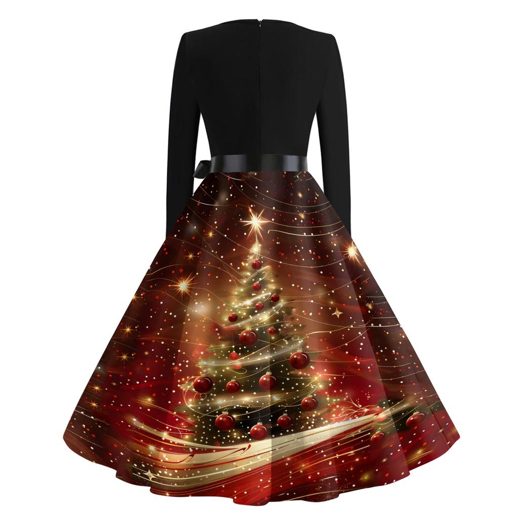Women's Casual Fashion Long Sleeve Christmas Graphic Printed Vintage Long Dresses