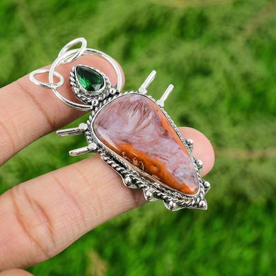 925 Silver Pear Natural Crazy Lace Agate Chrome Diopside Artisan Wedding Pendant