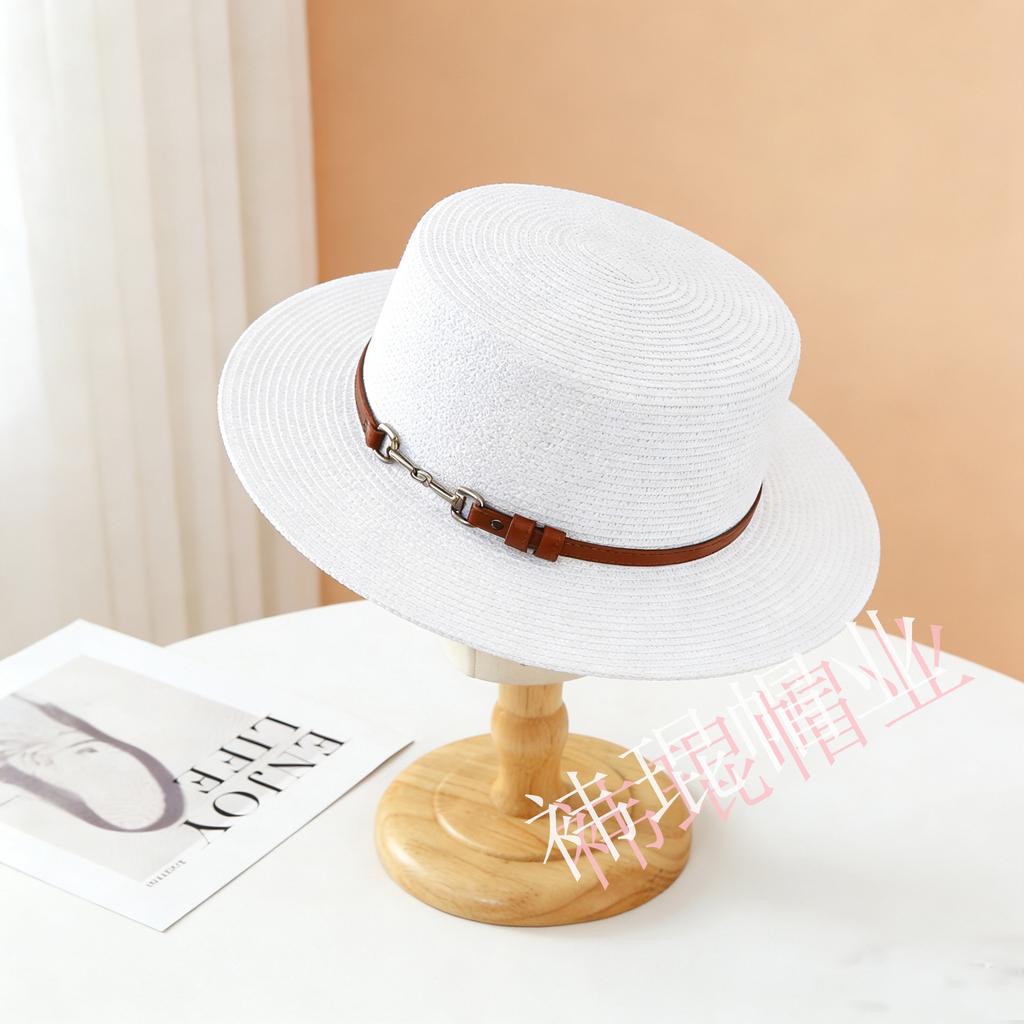 New French Style Flat Top Fashion Belt Decorative Straw Hat Summer Women's Travel Sun Protection Straw Visor Hat