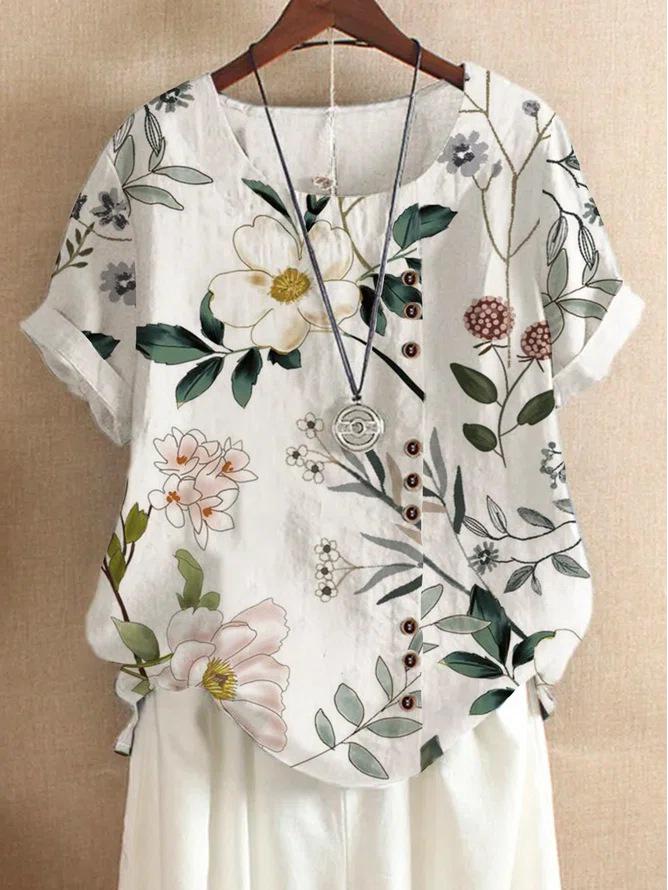 Women's Summer Retro Print Loose Cotton-Linen Short Sleeve Casual T-Shirt