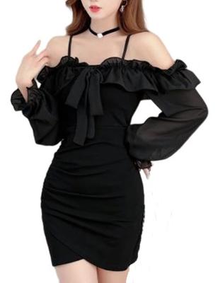 TOASOA for Club Long Halter Ribbon Off-the-Shoulder Dress, Sexy, Mini, Tight, Ruffled, Hostesses, Hostesses, Hostesses, Hostess, Off-the-Shoulder,