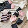 Sweet Pink and Contrasting Color Wool Mid-calf Socks, Striped Bow, Fair Island Pile Socks for Autumn and Winter