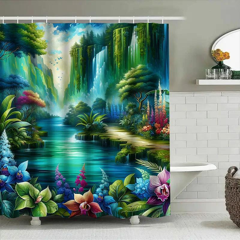 Fantasy Forest Shower Curtain Waterproof Bath Decoration Green Leaves Flowers Print 180x240cm (B36)