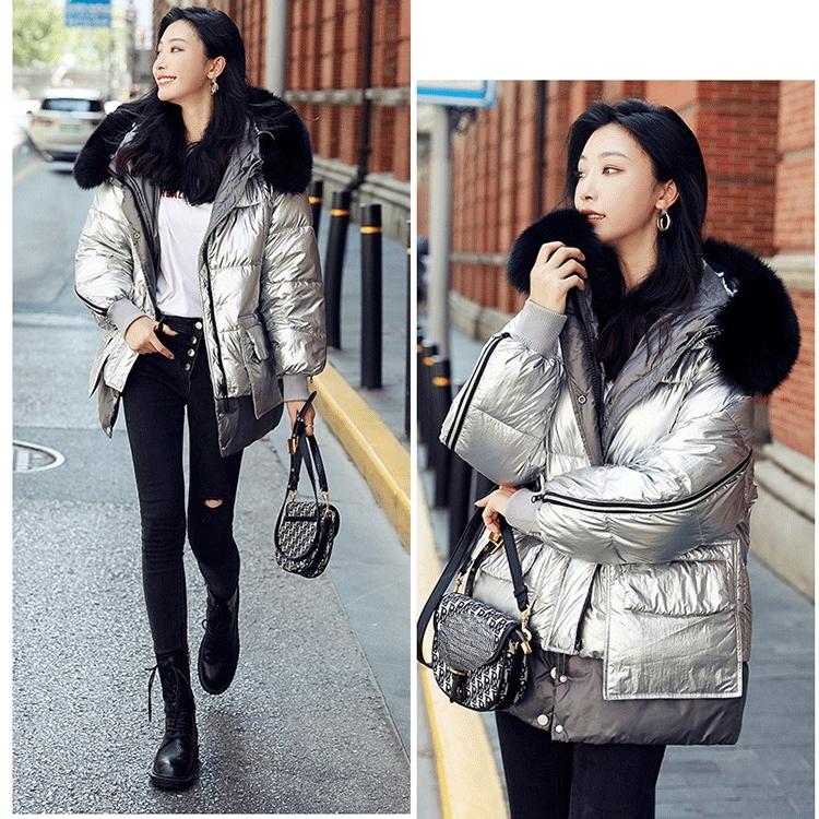 Stylish Silver Color Fur Collar Hooded Long-Sleeved Winter Jacket for Women