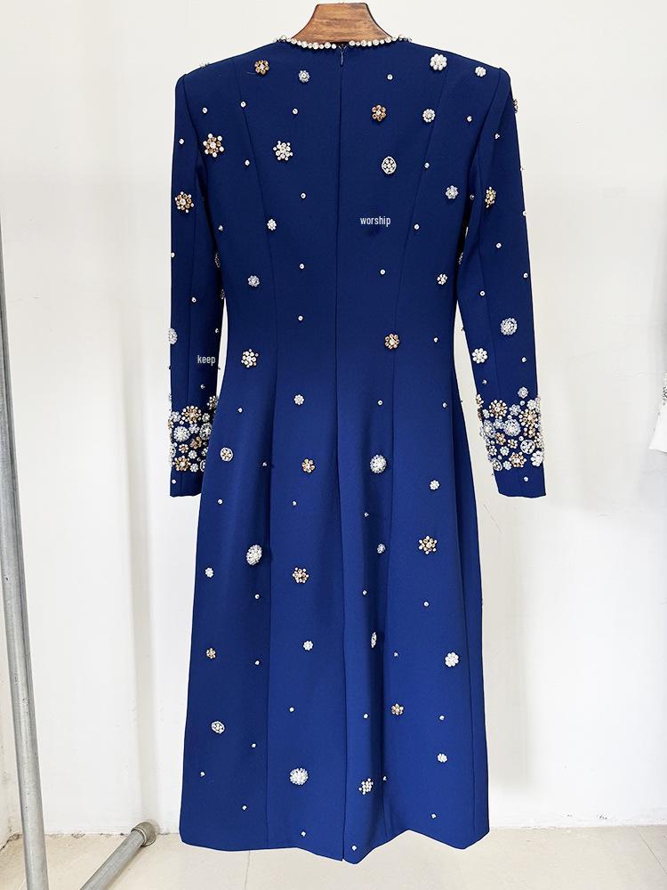 2026 European & American Celebrity Long-Sleeve Evening Gown with Heavy Beading & Rhinestones