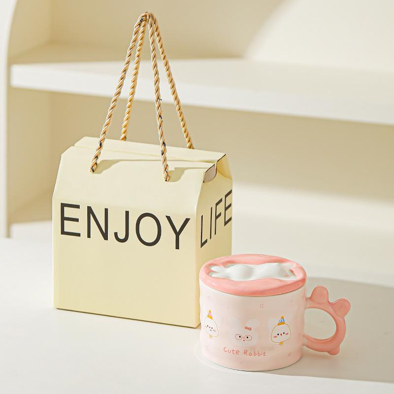 Little Rabbit Cartoon Lid Ceramic Cup Girls High Temperature Resistant Mug Cute Creative Water Cup Office Small Gift Cup